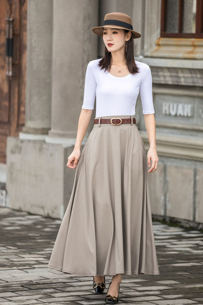Khaki Cotton Linen Maxi Skirt – Vintage High Waist Long Skirt with Pockets 2783