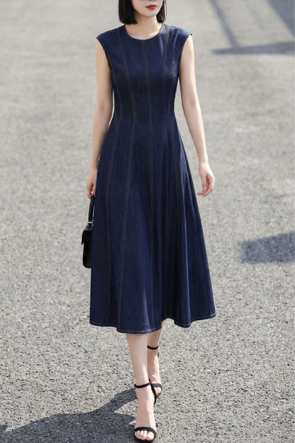 Elegant Sleeveless Denim Midi Dress for Everyday Wear | Xiaolizi 6824