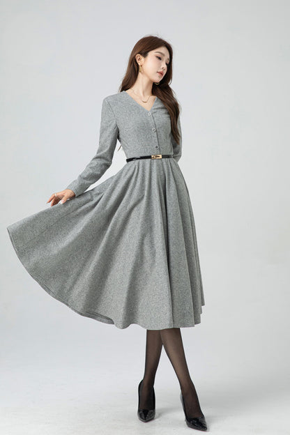 Gray Wool Midi Dress - Fit and Flare V-Neck Swing Silhouette 5304