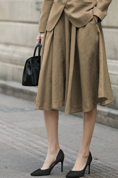 Brown Linen Midi Skirt - High Waist A-Line | Xiaolizi 6752