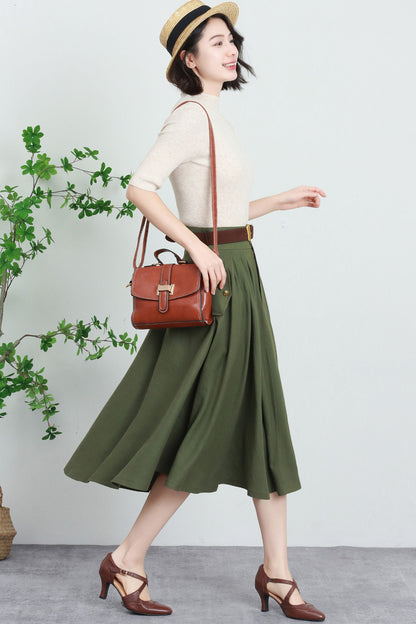 Army Green Linen Blend Midi Skirt - High-Waisted A-Line Swing 5729