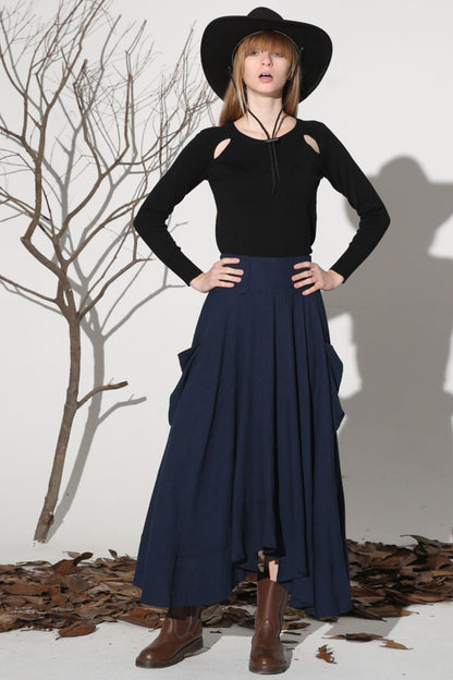 Navy Linen Maxi Skirt - Asymmetrical Ruffle Hem with Pockets 1157