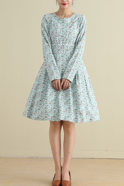 Floral Linen Knee-Length Dress - Long Sleeve, Round Neck 2795