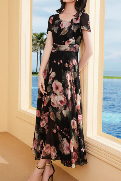 Floral printed summer vacation prom chiffon dress 5014