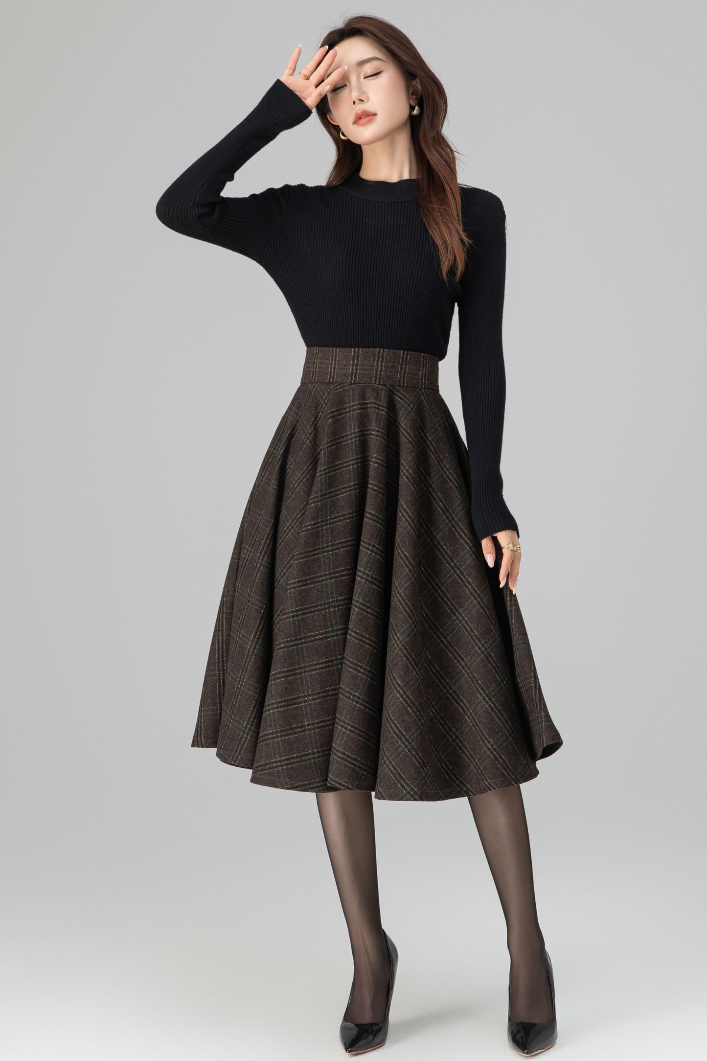 Classic Plaid Midi Skirt Dark Brown Wool – High-Waisted Circle – 6396