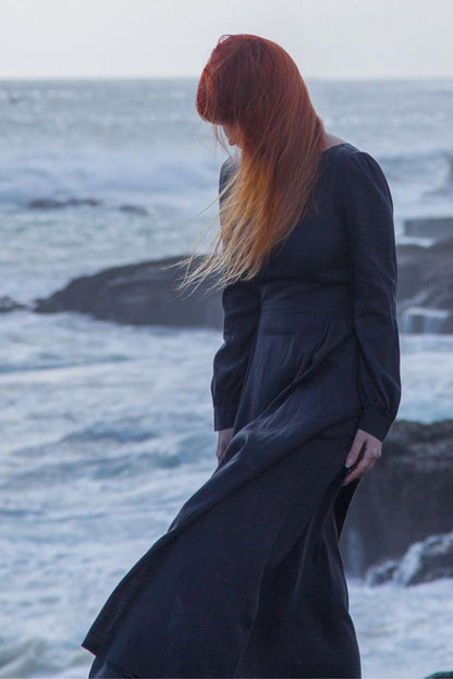 Charcoal Grey Linen Cotton Maxi Dress - Pleated Waist, Lantern Sleeves 2871