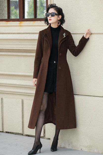 Brown Wool Midi Coat - Flared Silhouette with Fabric Belt 6306