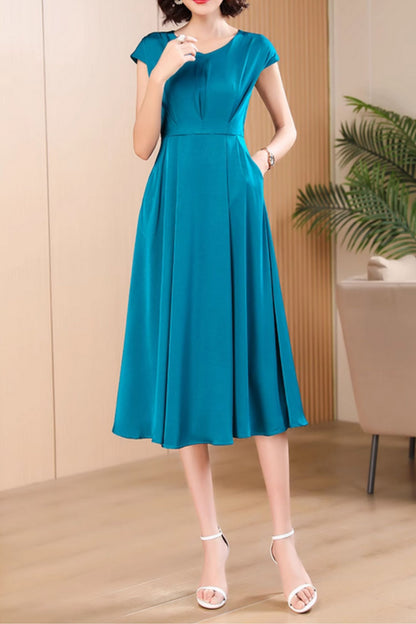 Teal Polyester Midi Fit and Flare Dress - V-Neck, Cape Sleeves 5054