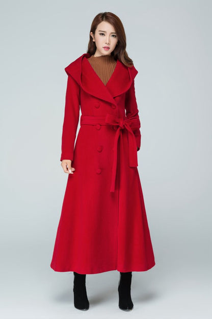 Red Wool Long Trench Coat - Hooded Double Breasted with Tie Belt 1602