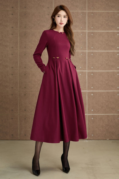 Burgundy Wool Midi Dress - Long Sleeves, Fit and Flare Silhouette 5358