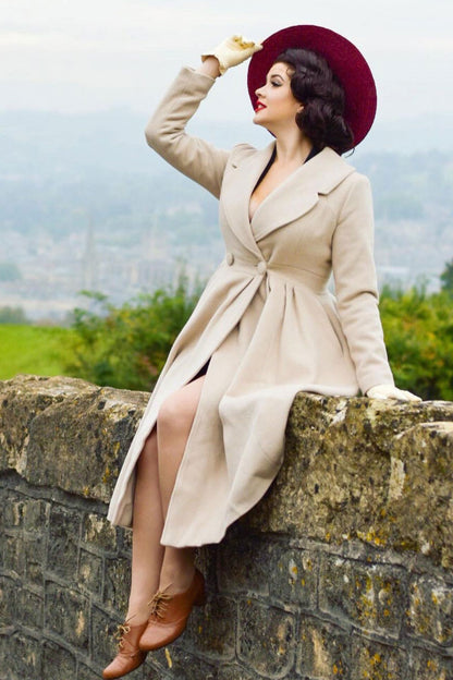 Elegant Beige Wool Blend Coat – Handmade Fit & Flare Winter Overcoat | Xiaolizi 3254