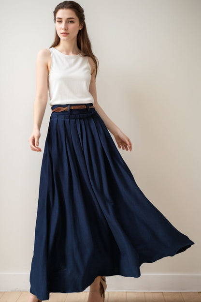 Handmade Cotton-Linen Pleated Maxi Skirt with Pockets – Navy | Xiaolizi 5132