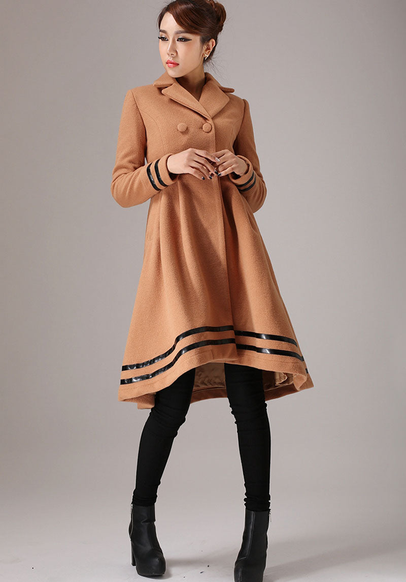 Handmade Camel Wool Blend Coat – Vintage Drop Hem Winter Overcoat with Black Trim | Xiaolizi 0757