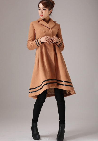 Handmade Camel Wool Blend Coat – Vintage Drop Hem Winter Overcoat with Black Trim | Xiaolizi 0757