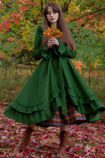 Green Wool Hooded Swing Coat - Ruffled Trim High-Low Hem | Xiaolizi 4046