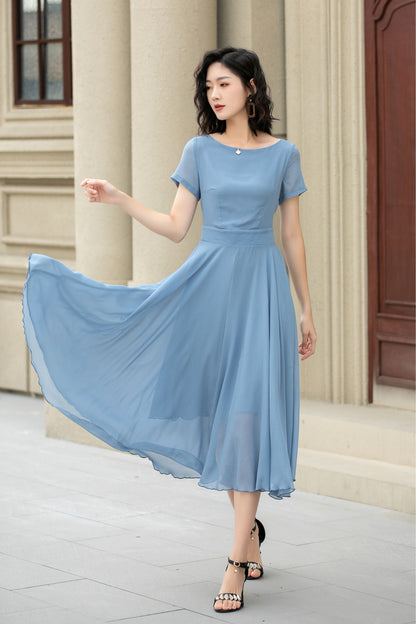 Blue Chiffon Midi Dress – Handmade Vintage Fit and Flare Swing Dress for Summer Weddings 5115