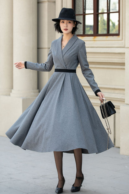 Elegant Gray Wool Dress – Long Sleeve Fit and Flare Midi Dress 5457