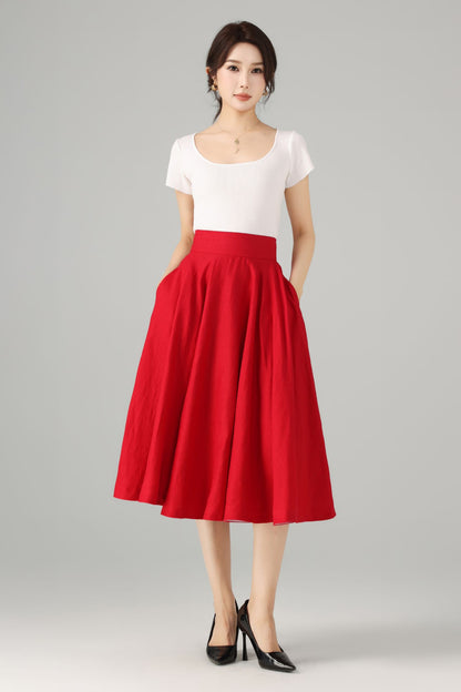 Red Linen Midi Skirt - High Waist Circle Swing Pockets | Xiaolizi 5760