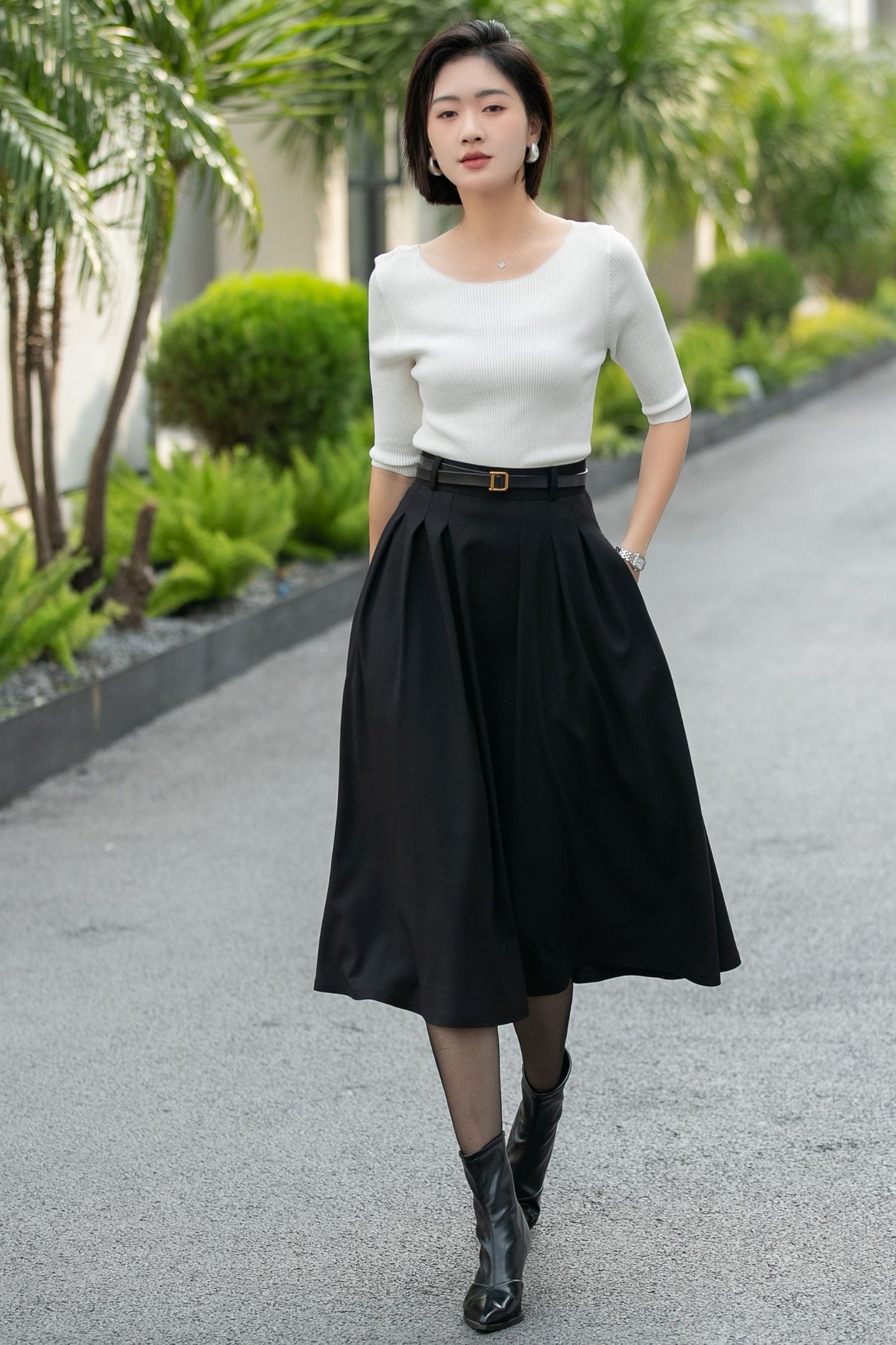 Handmade Black Pleated Midi Skirt – High Waist A-Line Office Skirt 6665 -size S #CK2600005