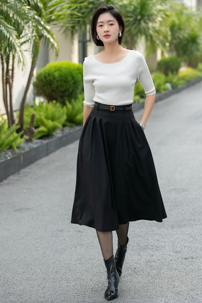 Handmade Black Pleated Midi Skirt – High Waist A-Line Office Skirt 6665 -size S #CK2600005