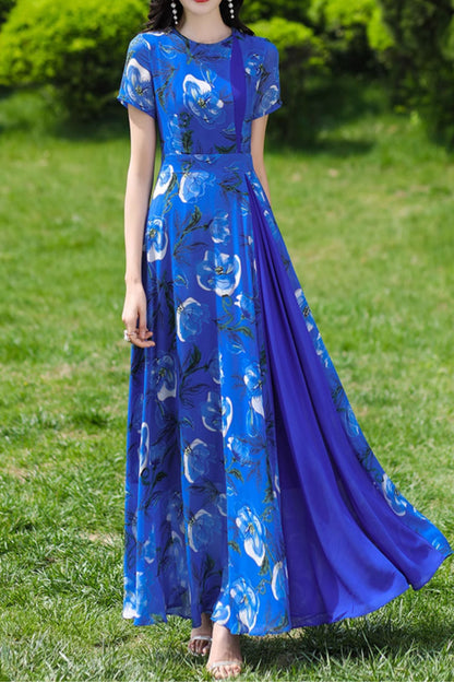 Blue Polyester Chiffon Maxi Dress - Floral Print Patchwork Ankle-Length 4992