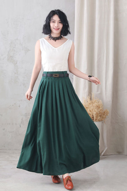 Emerald Green Linen Cotton Long Pleated Swing Skirt - High Waist with Pockets 3333