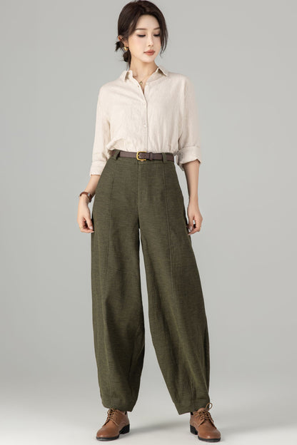 Army Green Linen Baggy Pants - Loose Fit, Ankle Length 5703