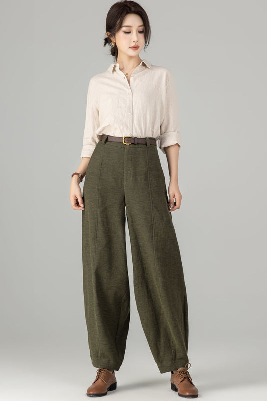 Olive Green Ankle Length Linen Blend Tapered Pants 5903