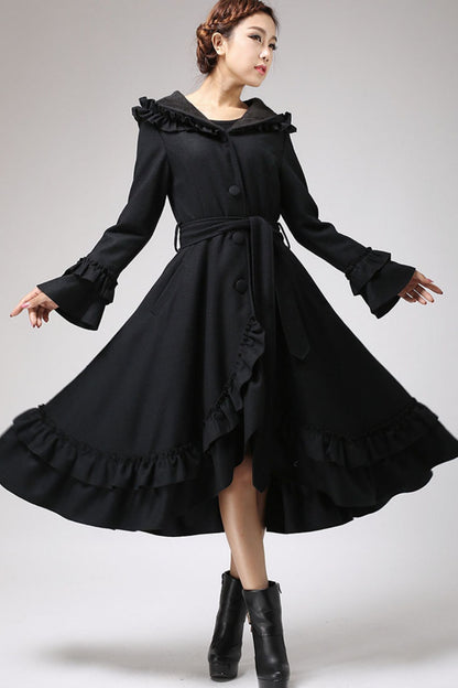 Women’s Hooded Wool Coat – Long Maxi Winter Coat with Ruffle Details 0713