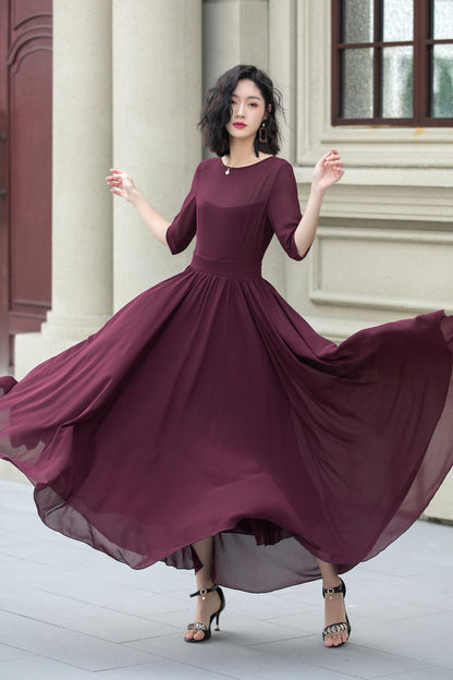 Burgundy Chiffon Fit & Flare Dress - Boat Neck Half Sleeve | Xiaolizi 5113