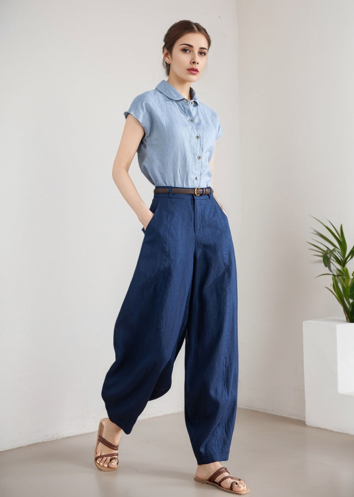 Dark Blue Linen Wide Leg Pants - High Waisted, Tapered Silhouette 5898