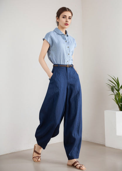 Dark Blue Linen Wide Leg Pants - High Waisted, Tapered Silhouette 5898