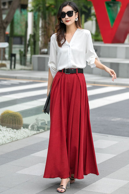 High Waisted A Line Swing Red Maxi Skirt 3537