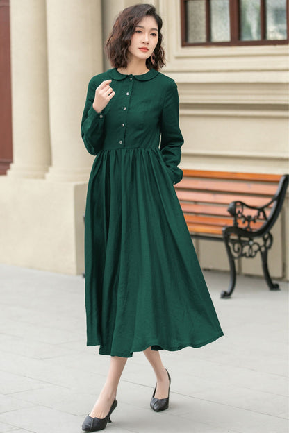 Green Linen Fit and Flare Midi Dress - Collared Neck with Pockets 5750