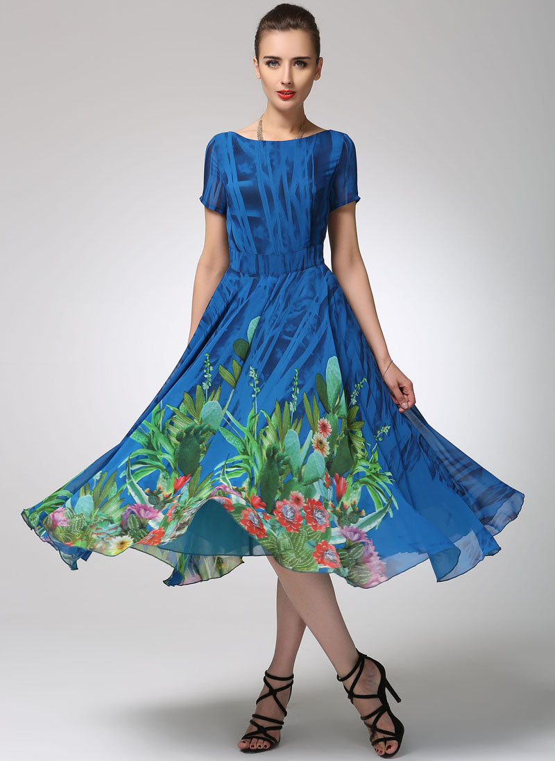 Blue Floral Chiffon Midi Dress for Women 1247