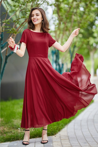 Burgundy Chiffon Maxi Dress - Flowy A-Line with Boat Neckline 5823