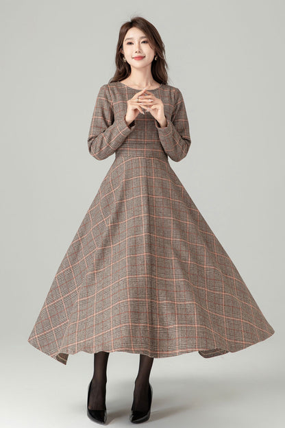 Brown Plaid Wool Maxi Dress – Vintage British Check Winter Dress 4491 Brown / M