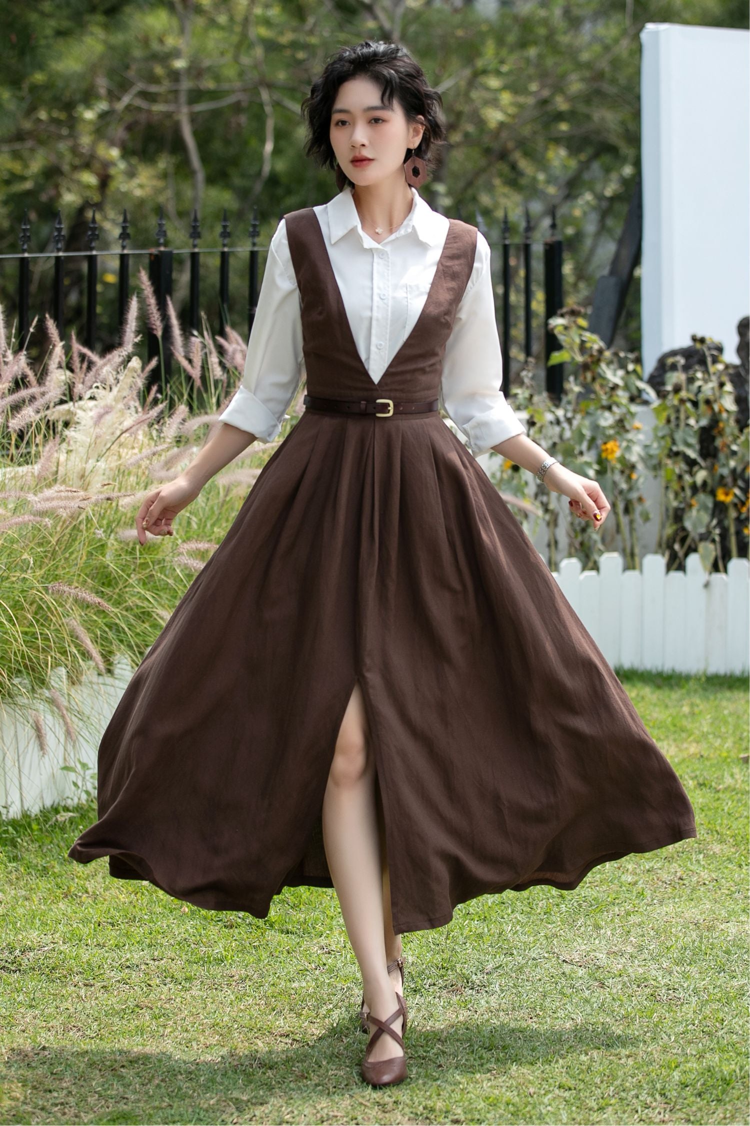 Brown Linen Cotton Pinafore Dress - Deep V Neck | Xiaolizi