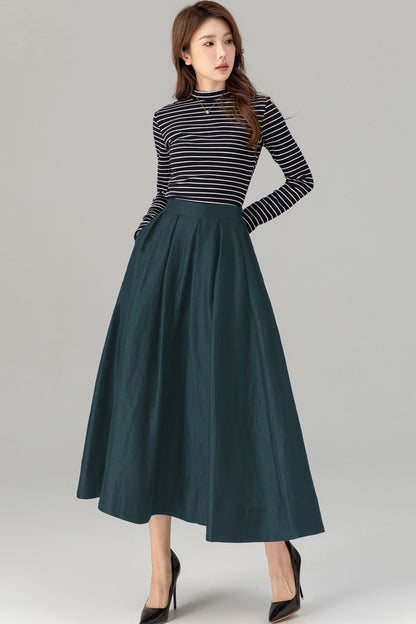 Dark Green Linen Midi Skirt - Pleated A-Line with Pockets 5724