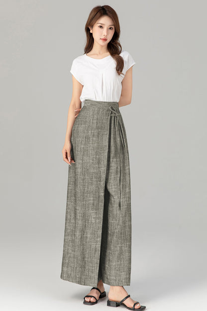 Gray Linen Wide Leg Wrap Pants - Flowing Tie Waist Detail 5749