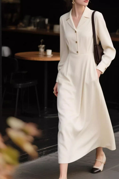 White Shirt Dress – Elegant Long Button Front Midi Dress | Xiaolizi 6643