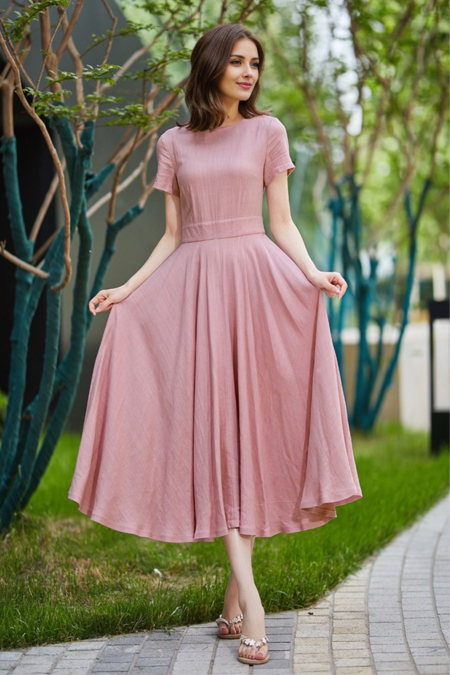 Summer womens Pink Linen Midi swing dress 5824