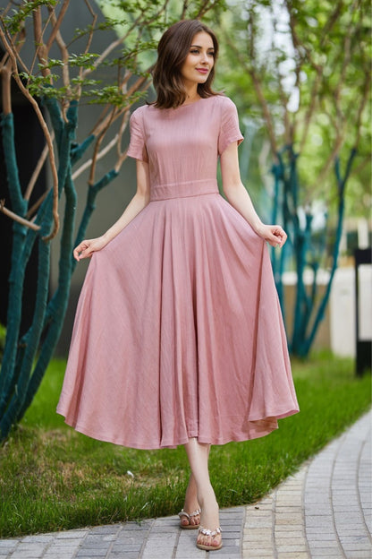 Pink Linen Midi Dress - Fit and Flare Swing with Boat Neckline 5824