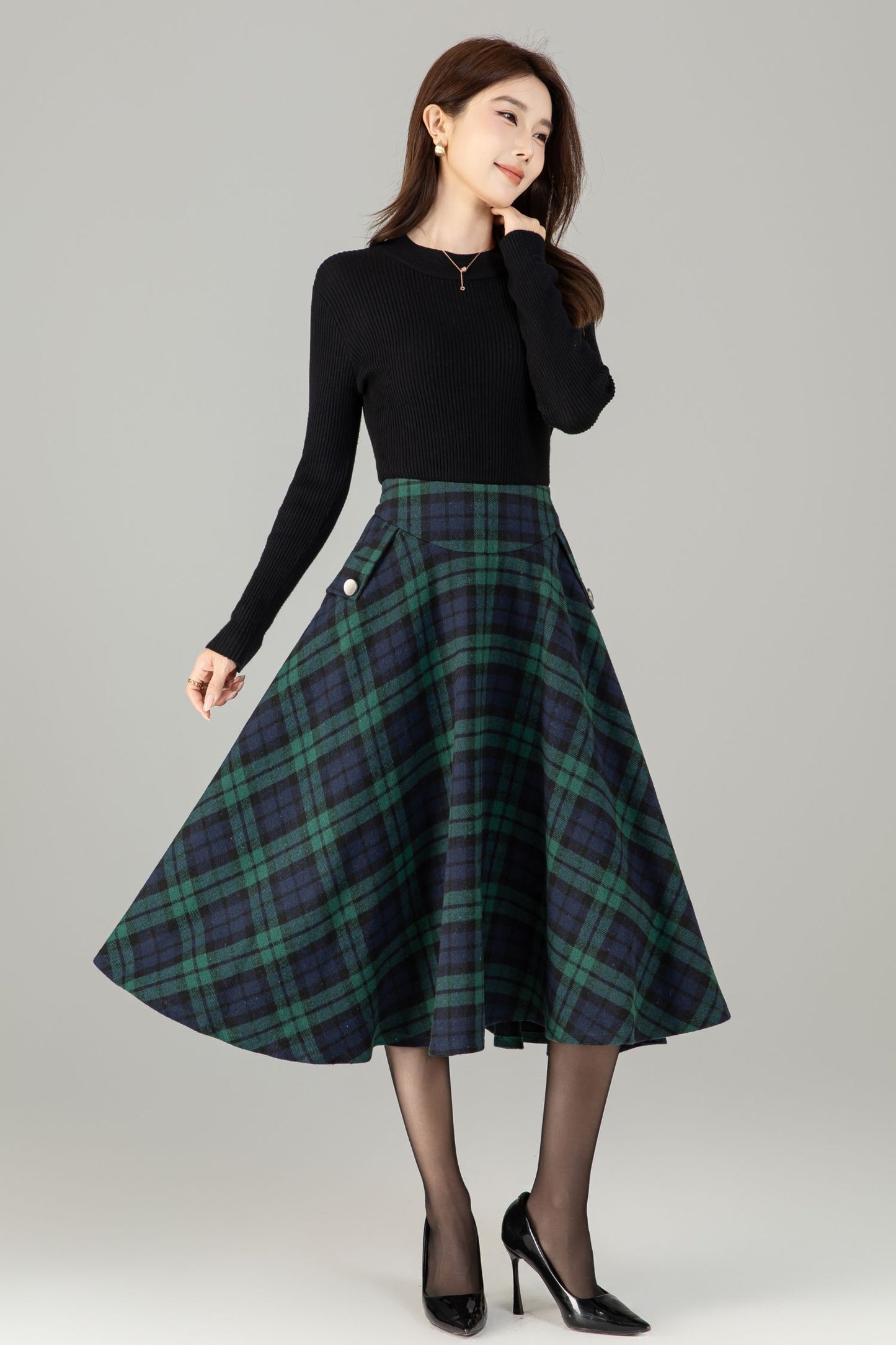 Xiaolizi Plaid Wool-Blend Pleated A-Line Midi Skirt – Plus-Size Winter 6502