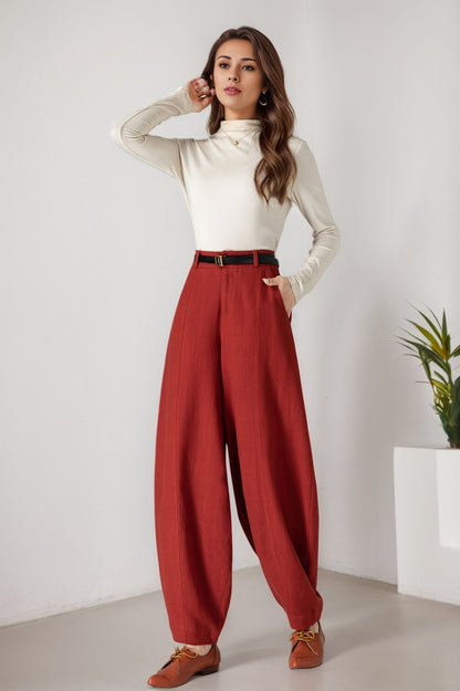 Red Linen Wide Leg Baggy Pants - Relaxed Fit, Button Closure 5899