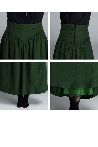 Green Wool Blend Maxi Skirt – Handmade Vintage High Waist Pleated Winter Elegance 5228