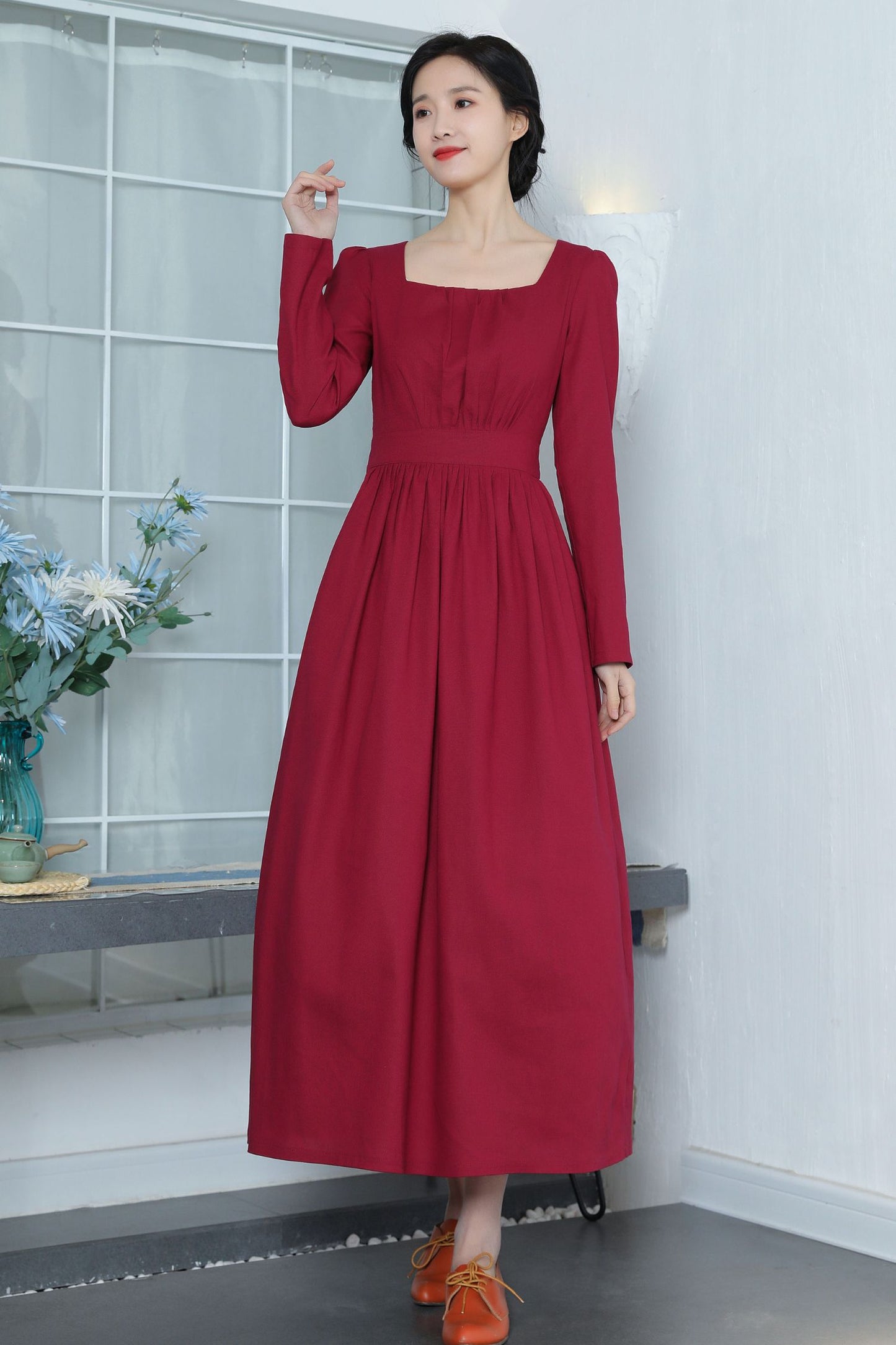 Vintage Inspired Wine Red Linen Dress 3370