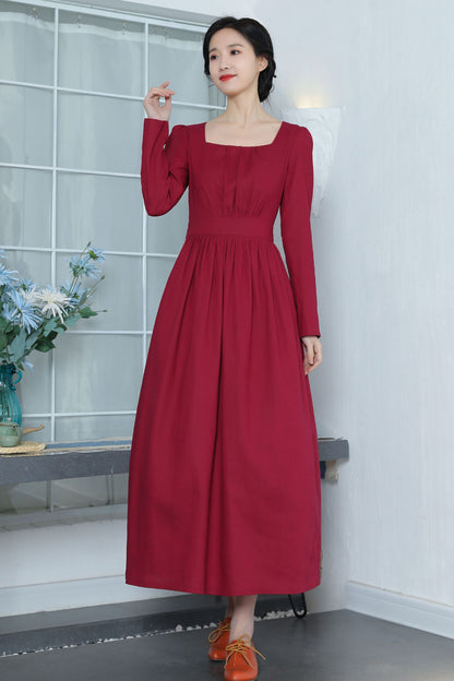 Wine Red Linen Dress - Vintage Fit & Flare with Square Neckline 3370