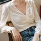 White Velvet Blouse – Elegant V Neck Long Sleeve Top | Xiaolizi 6651