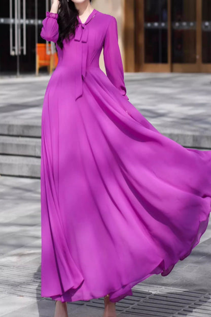 Purple Chiffon Maxi Dress - Flowing Silhouette with V-Neck Tie 5095